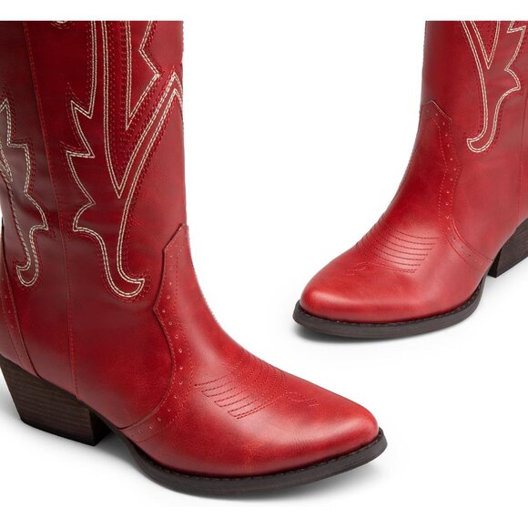 DREAM PAIRS Womens Red Cowboy Boots Wide Calf Knee High Ladies - Picture 7 of 9